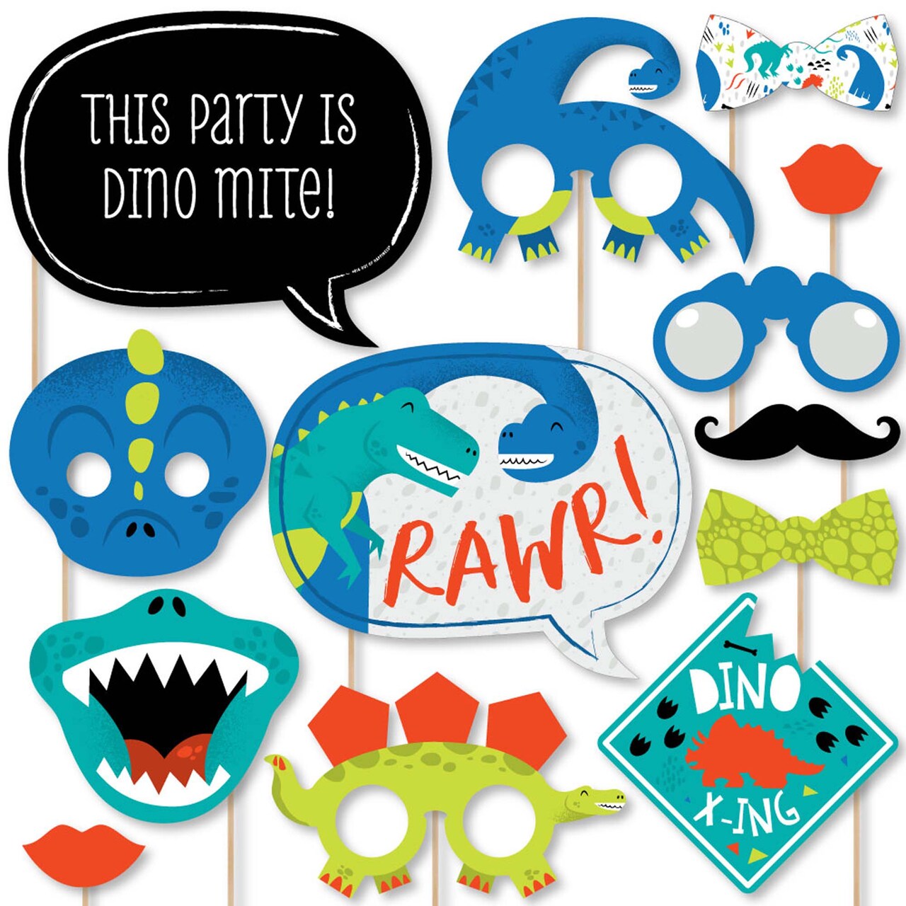 Big Dot of Happiness Roar Dinosaur - Dino Mite T-Rex Baby Shower or Birthday Party Photo Booth Props Kit - 20 Count